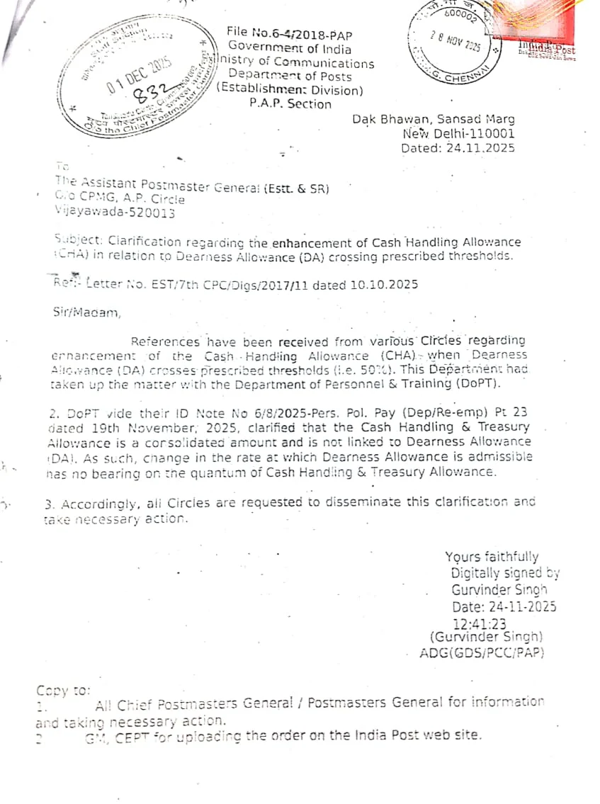 Clarification regarding the enhancement of Cash Handling Allowance (CHA) in relation to Dearness Allowance (DA) crossing prescribed thresholds
